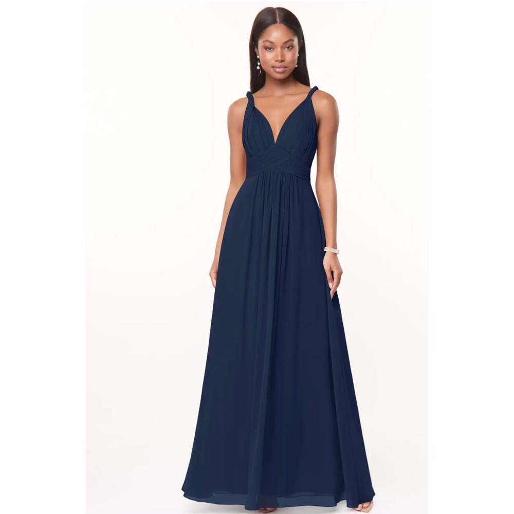 Azazie Leanna Dark Navy Chiffon V-Neck A-Line Bridesmaid Dress Size A8 NEW
